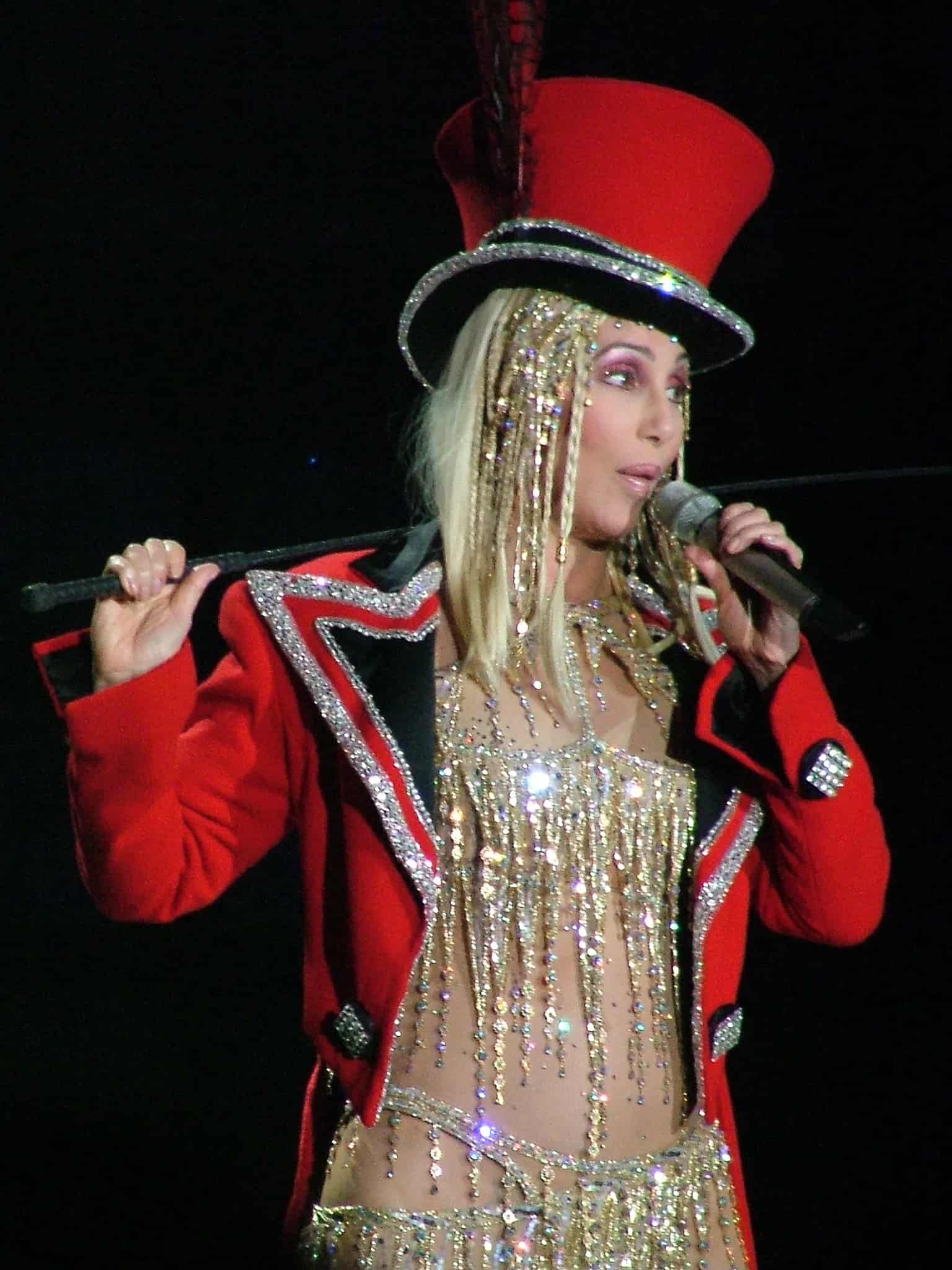Шер на сцене во время Farewell Tour, 2002&ndash;2003, в костюме от Боба Макки
