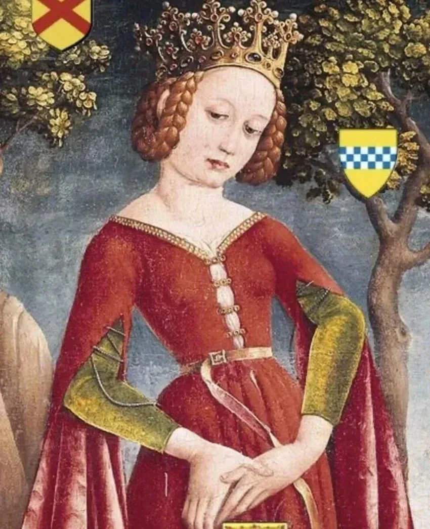 Фрагмент картины &laquo;Святой Георгий и дракон&raquo; Йоста Халлера (1445&ndash;1450): светловолосая принцесса с длинными распущенными волосами символизирует уязвимость и чувственность
