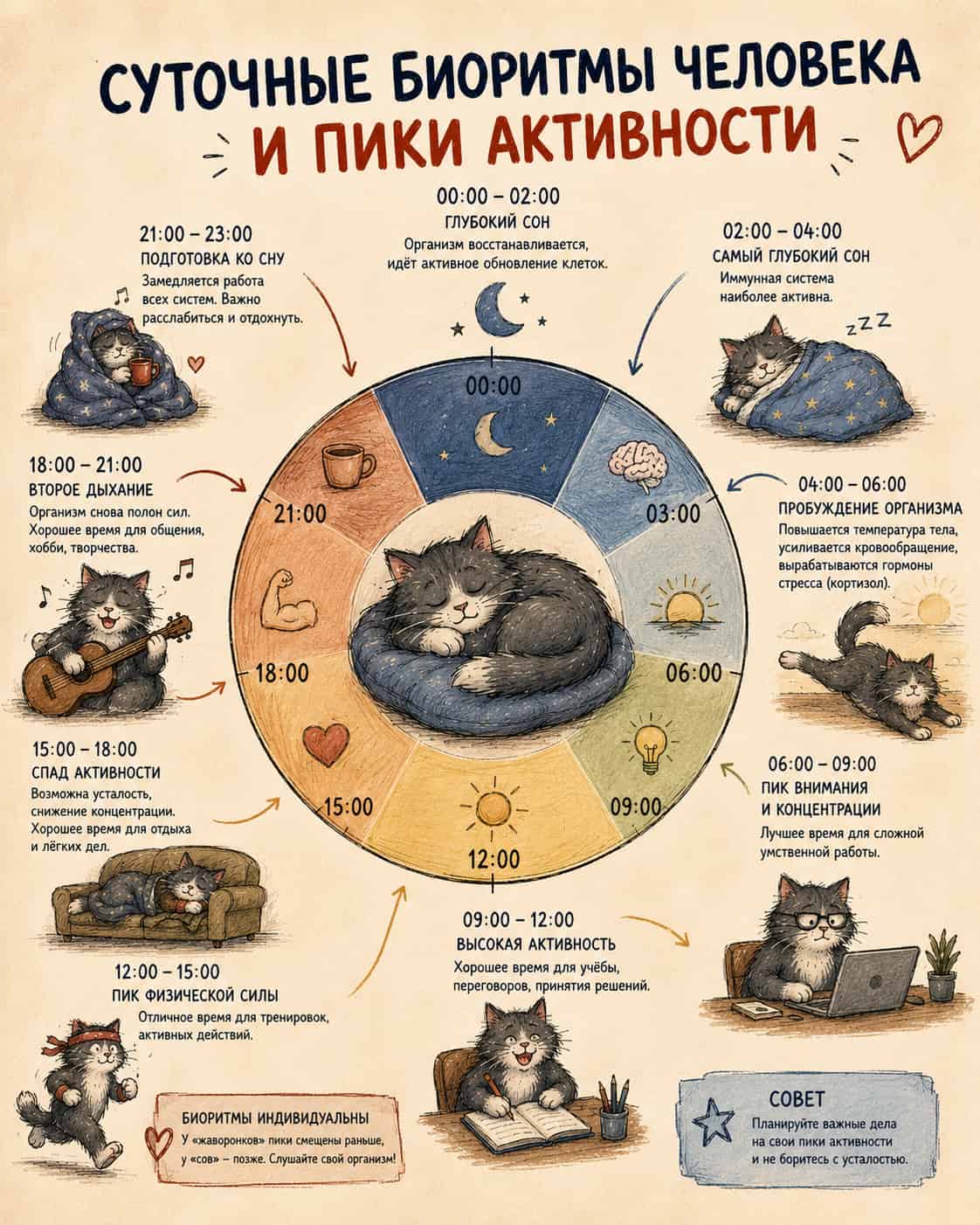 Инфографика с суточными биоритмами человека и пиками активности