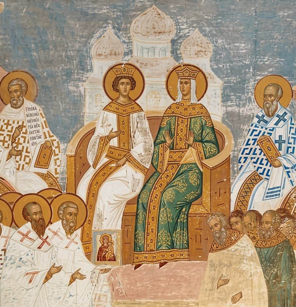 Императрица Ирина с сыном на Седьмом Вселенском соборе &mdash; фреска Дионисия, XV век