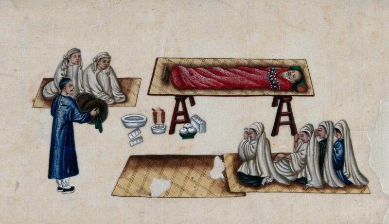 Dittrich-19.-A-Chinese-funeral-scene-male-and-female-mourners-are-shown-kneeling-beside-the-body-of-an-old-man-who-lies-on-a-table.-Gouache-on-rice-paper-China-1800-1900.-Wellcome-Library
