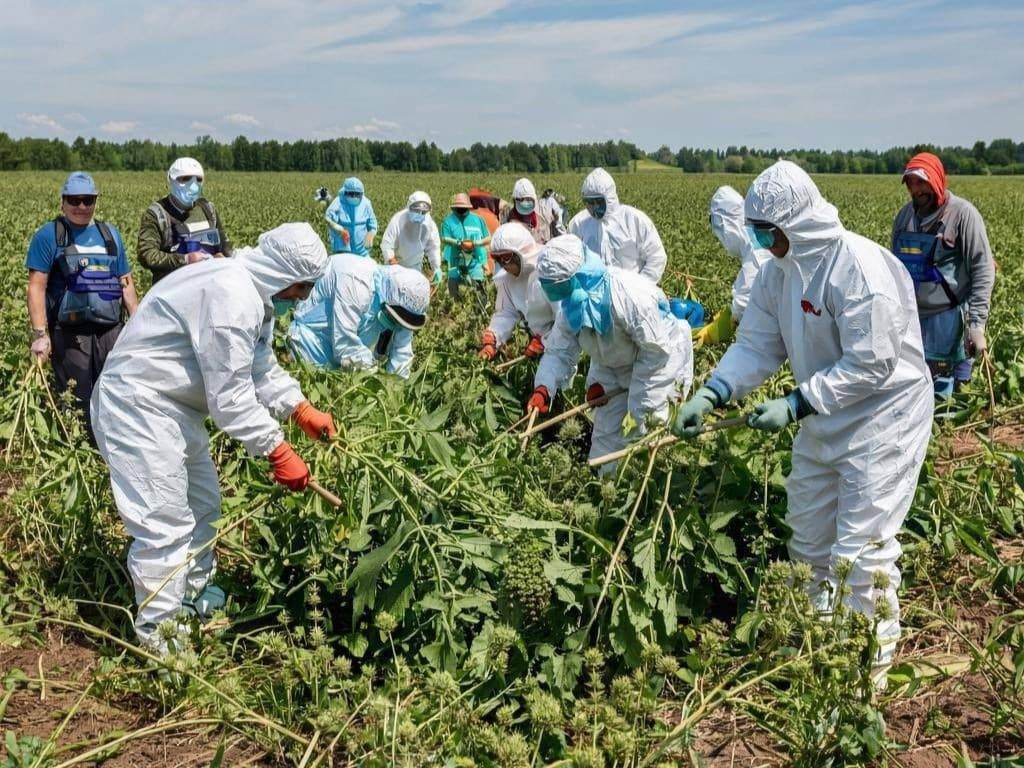 борьба с борщевиком в защитном костюме &mdash; дождевик, перчатки и очки