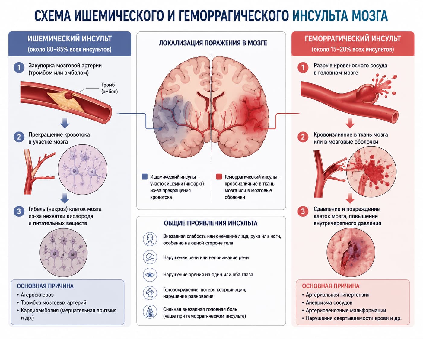 Схема ишемического и геморрагического инсульта мозга