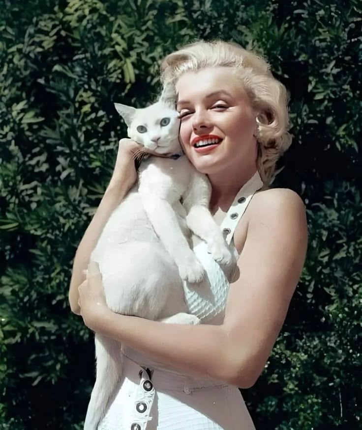 Мэрилин Монро с кошкой Митсу на руках, 1951 год, цветное винтажное фото