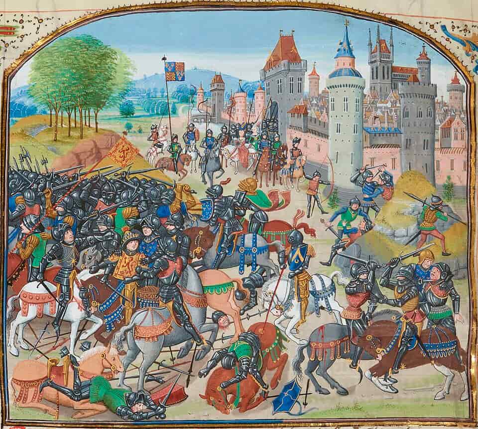 Битва при Невиллс-Кросс, 1346 год &mdash; средневековая миниатюра