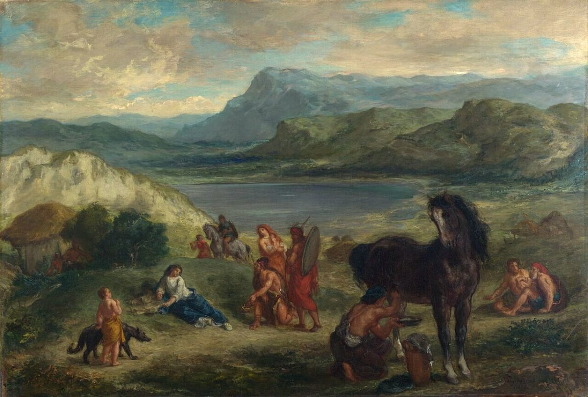 Эжен Делакруа, Овидий среди скифов, 1859 год, на переднем плане мужчина доит кобылицу