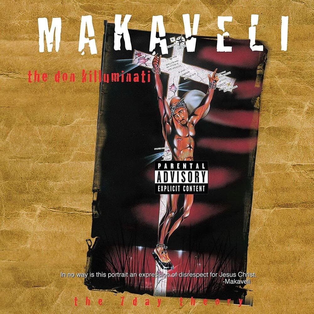 Обложка альбома Makaveli The Don Killuminati The 7 Day Theory с распятым Тупаком