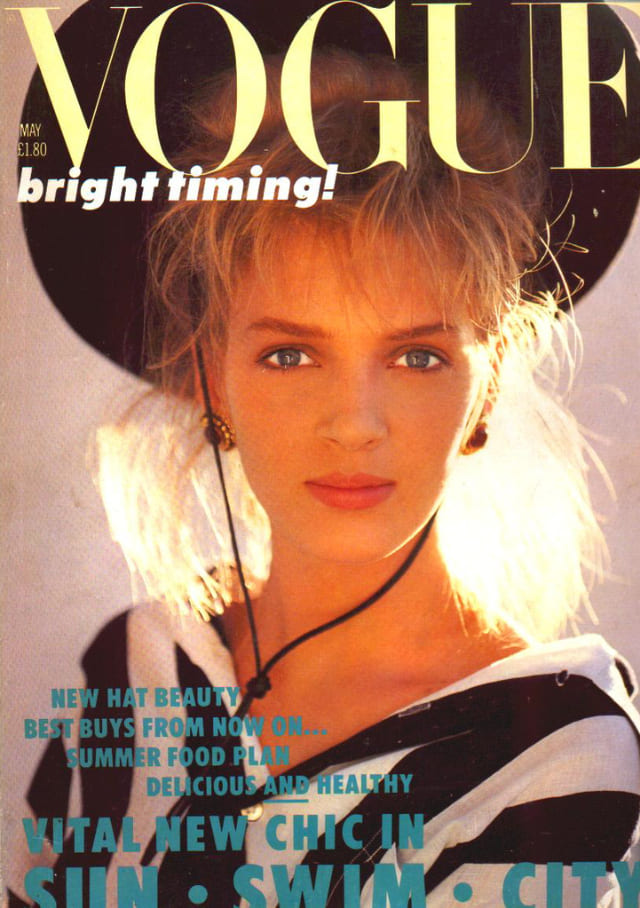 Ума Турман на обложке Vogue UK, май 1986, фотограф Патрик Демаршелье