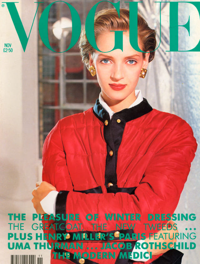 Ума Турман на обложке Vogue UK, ноябрь 1990, фотограф Мишель Хадди