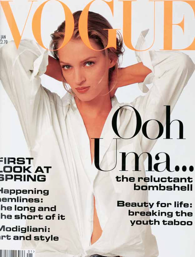 Ума Турман на обложке Vogue UK, январь 1994, фотограф Альберт Уотсон