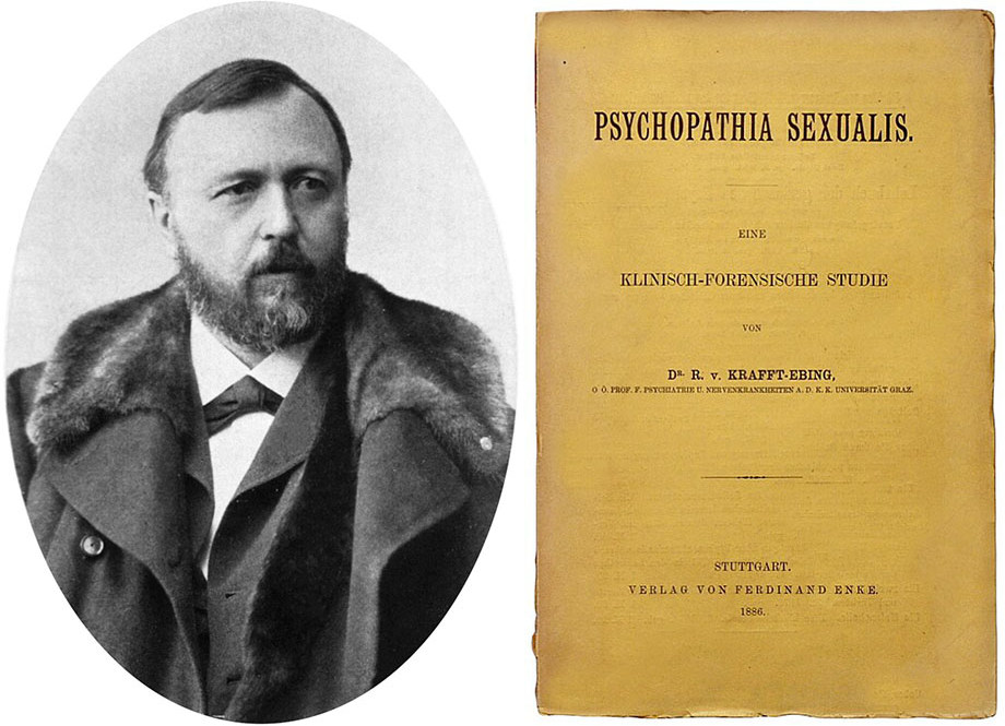 Рихард фон Крафт-Эбинг и обложка его труда Половая психопатия 1886 год