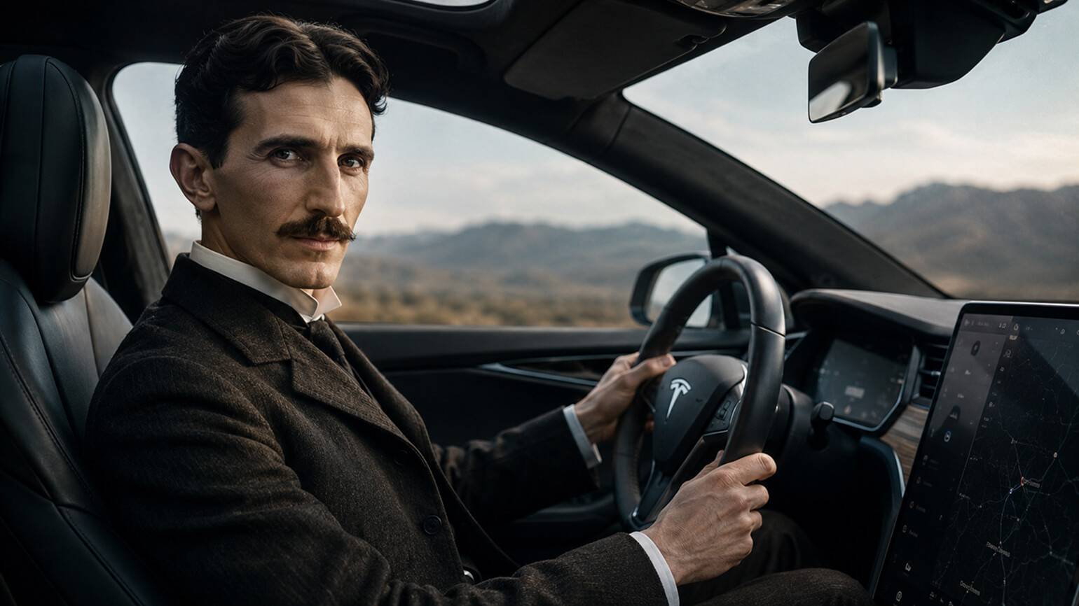 Художественная иллюстрация: Никола Тесла за рулём автомобиля Tesla &mdash; образ, возникший только в XXI веке