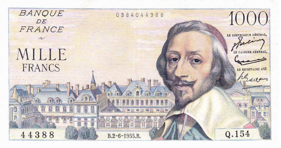 Банкнота 1000 франков с портретом кардинала Ришельё, серия 1953 года &mdash; первая купюра, которую подделывал Боярский