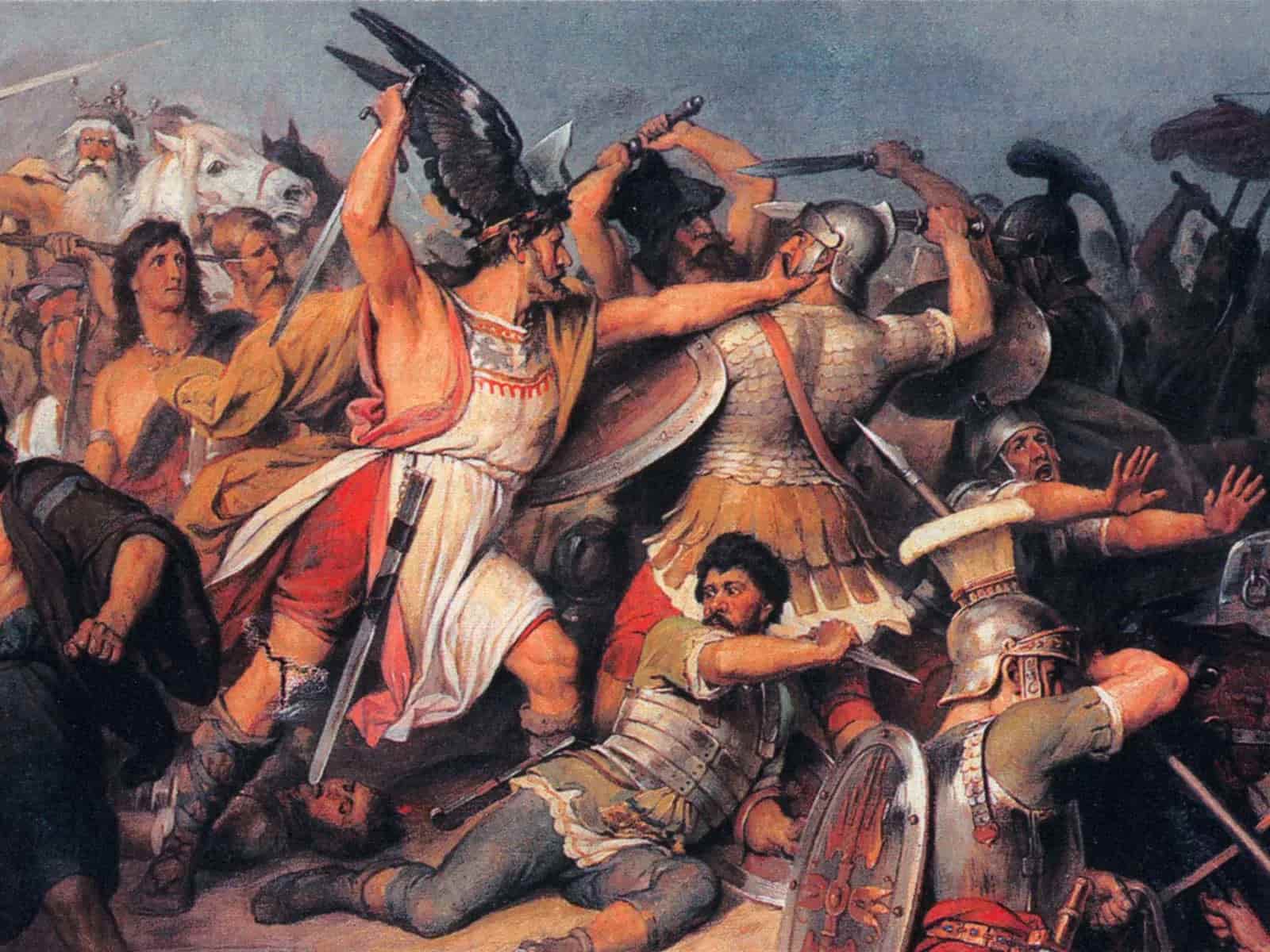 Schlacht zwischen Germanen und R&ouml;mern am Rhein 1876