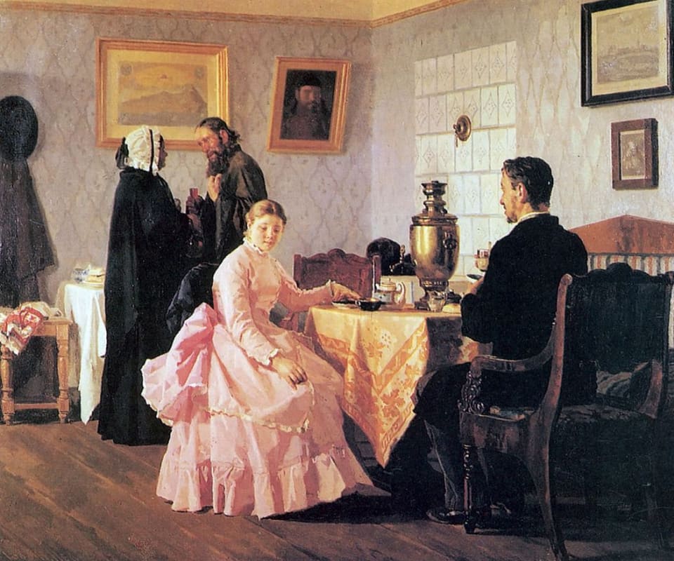 Николай Неврев. &laquo;Смотрины&raquo;, 1888 &mdash; сваха представляет невесту жениху и его семье