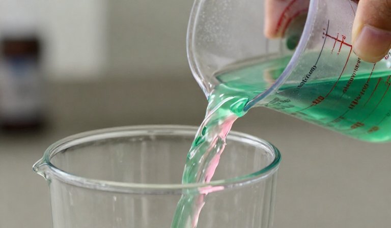 Зеленый и розовый антифриз в стеклянной емкости