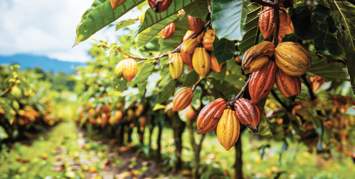 Плоды дерева какао Theobroma cacao на ветке, современная плантация