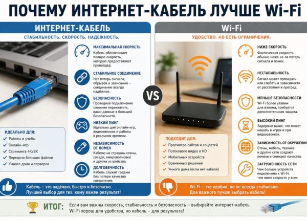 Почему интернет-кабель лучше Wi‑Fi: когда стоит потратить час на прокладку провода