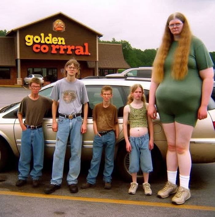 Странно выглядящая семья у машины перед рестораном Golden Corral