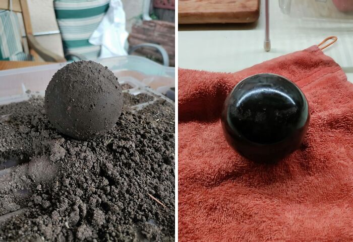 Грязный ком земли и блестящий чёрный шар