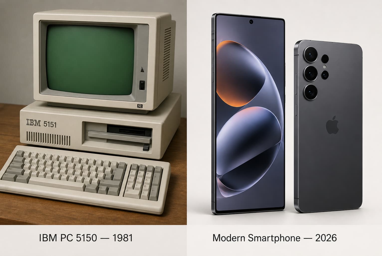 Современный смартфон рядом с IBM PC 5150 &mdash; сравнение 1981 и 2024 года