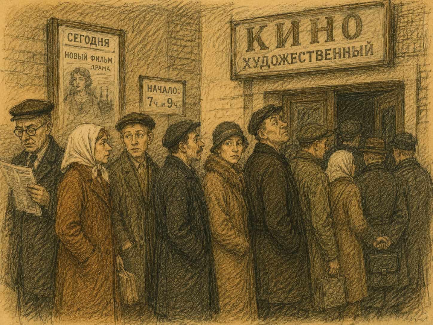 Очередь в советский кинотеатр, 1920-е годы &mdash; иллюстрация к теме рассказов Зощенко