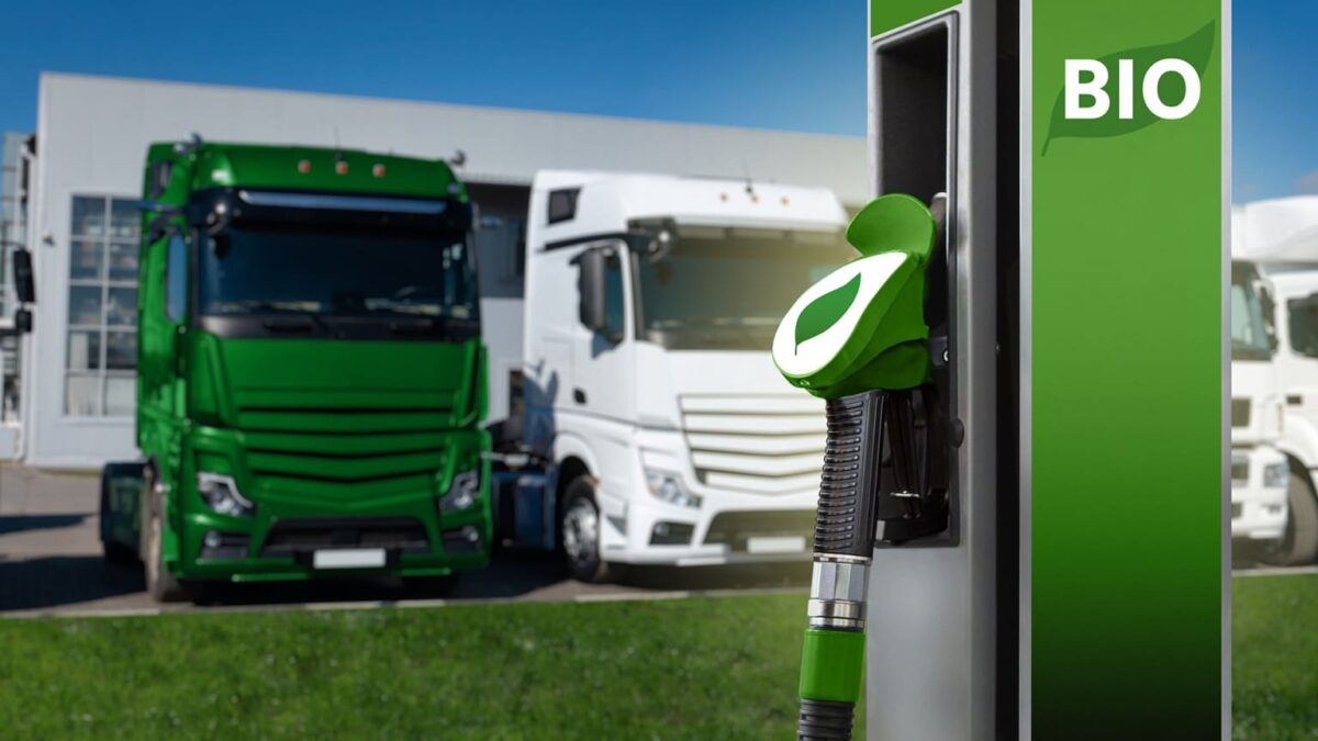 Грузовой автомобиль на шоссе с пометкой о работе на биодизеле width=