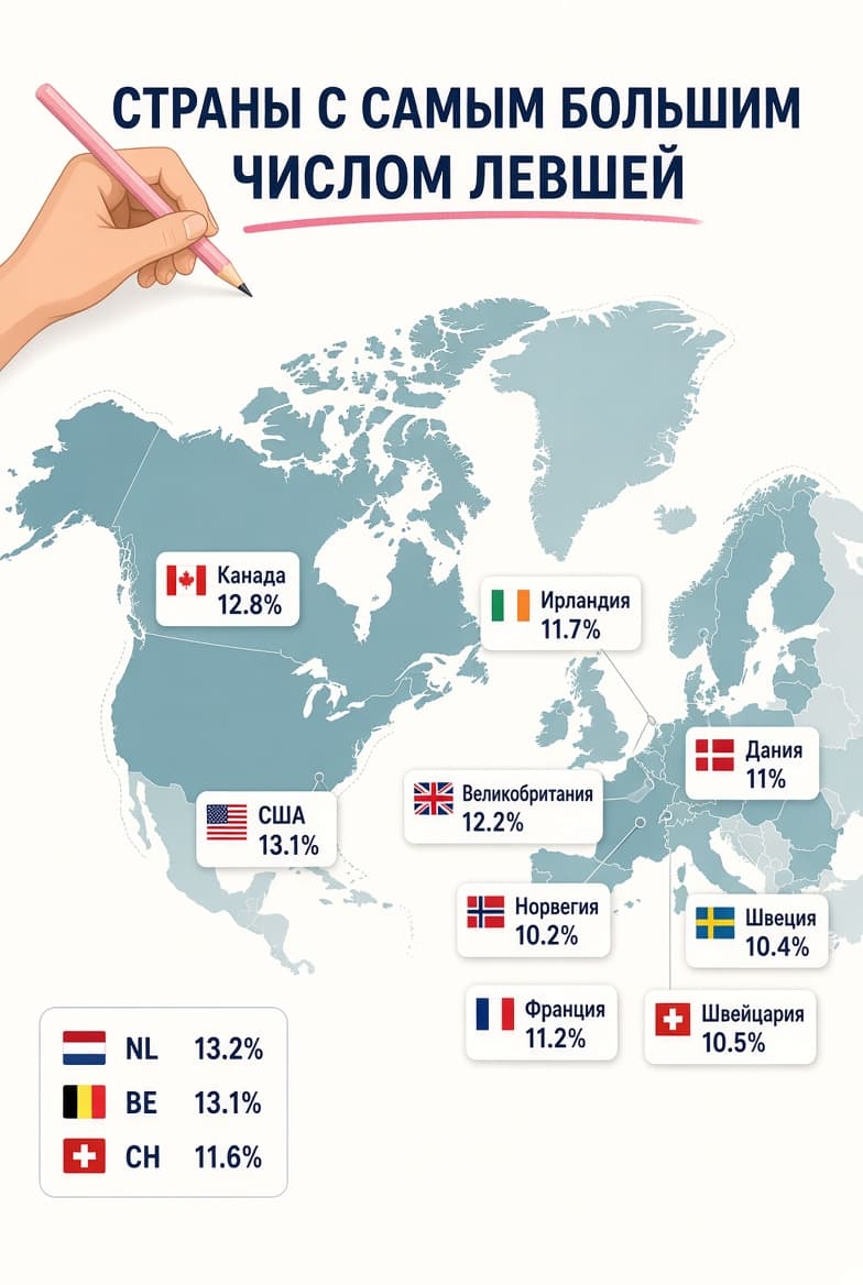 Инфографика - страны с самым большим числом левшей