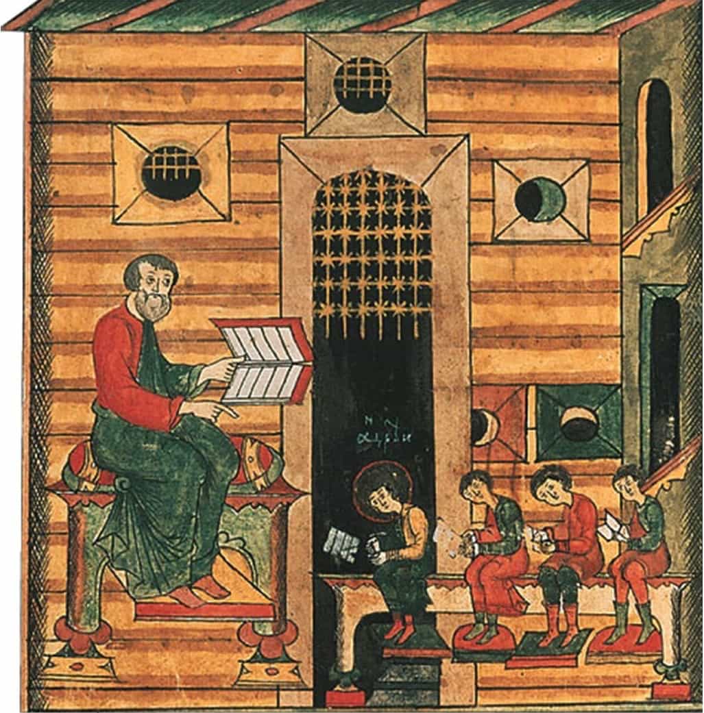 миниатюра из рукописи XVII века Житие Антония Сийского, иллюстрирующая процесс обучения грамоте и книжному учению в Древней Руси