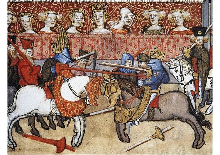 Рыцарский турнир, средневековая миниатюра XIV века