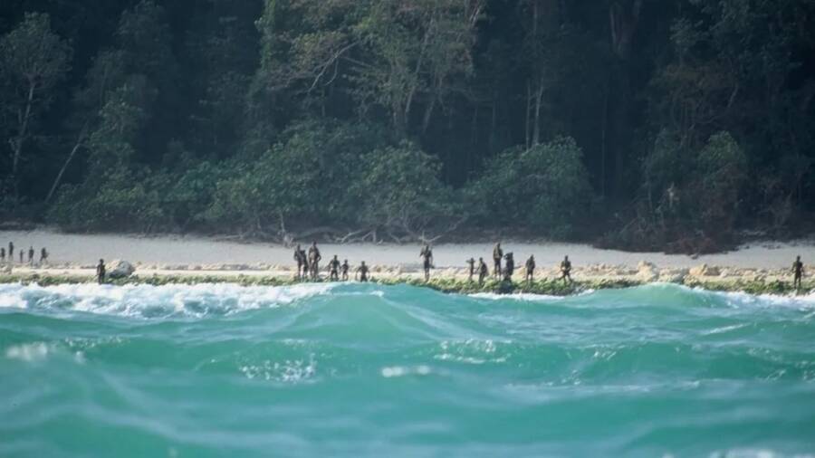 The Sentinelese standing guard on a beach in 2005.