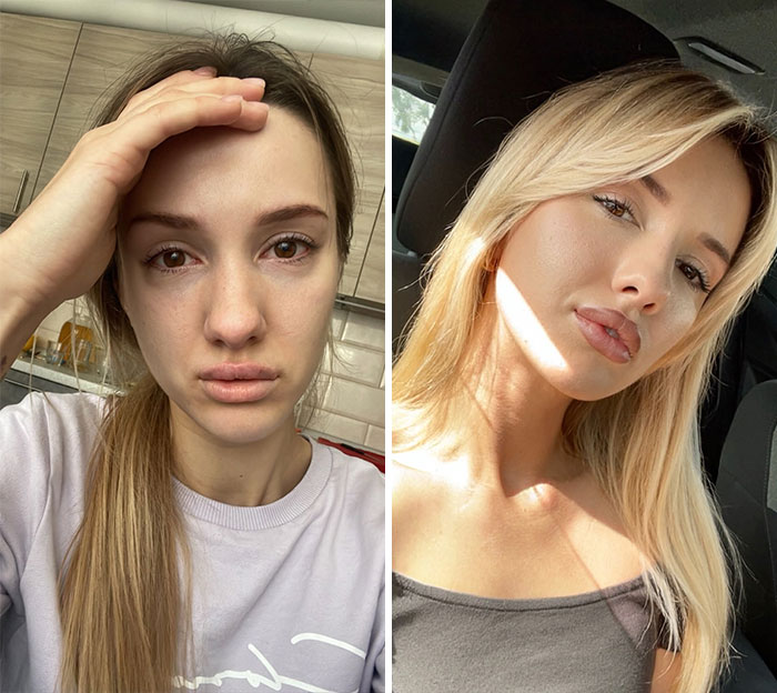 Усталая девушка на кухне и блондинка в салоне машины