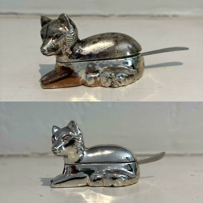 Серебряная фигурка лисы до и после чистки
