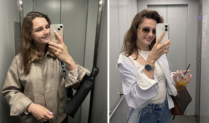 Слева в лифте с зонтом, справа в лифте с кофе и очками