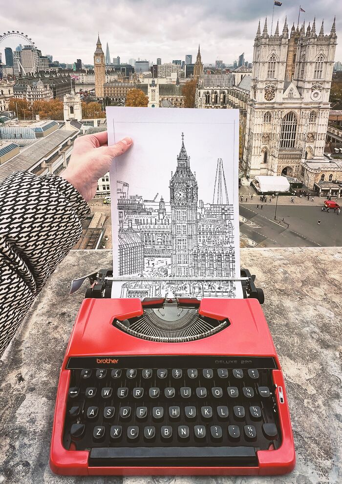Биг-Бен &mdash; рисунок пишущей машинкой на фоне реального вида
