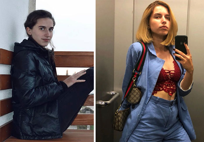 Слева на скамейке в куртке, справа селфи в лифте в красном топе