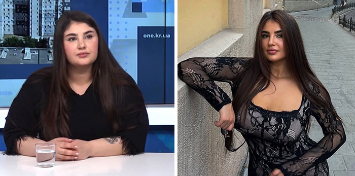 Слева за столом в студии, справа в чёрном кружеве на улице