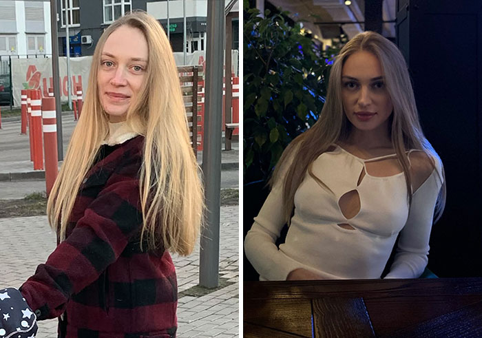 Слева в клетчатом пальто на улице, справа в белом с вырезами