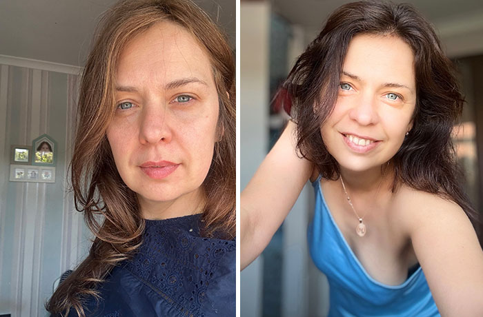 Слева женщина в синем платье, справа улыбается в голубом топе