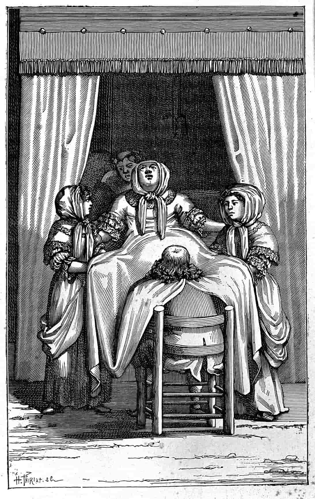 На этой исторической гравюре изображена сцена родов XVII&ndash;XVIII веков, иллюстрирующая раннюю акушерскую практику в Европе