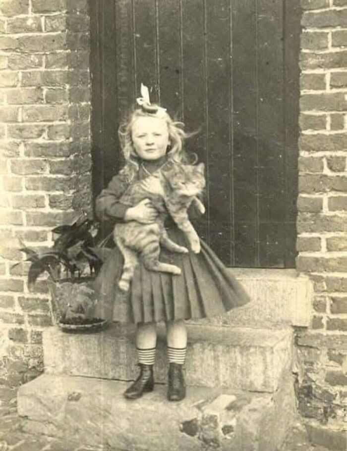 Девочка держит полосатого кота на ступенях дома в Спиталфилдс, Лондон, 1902 год