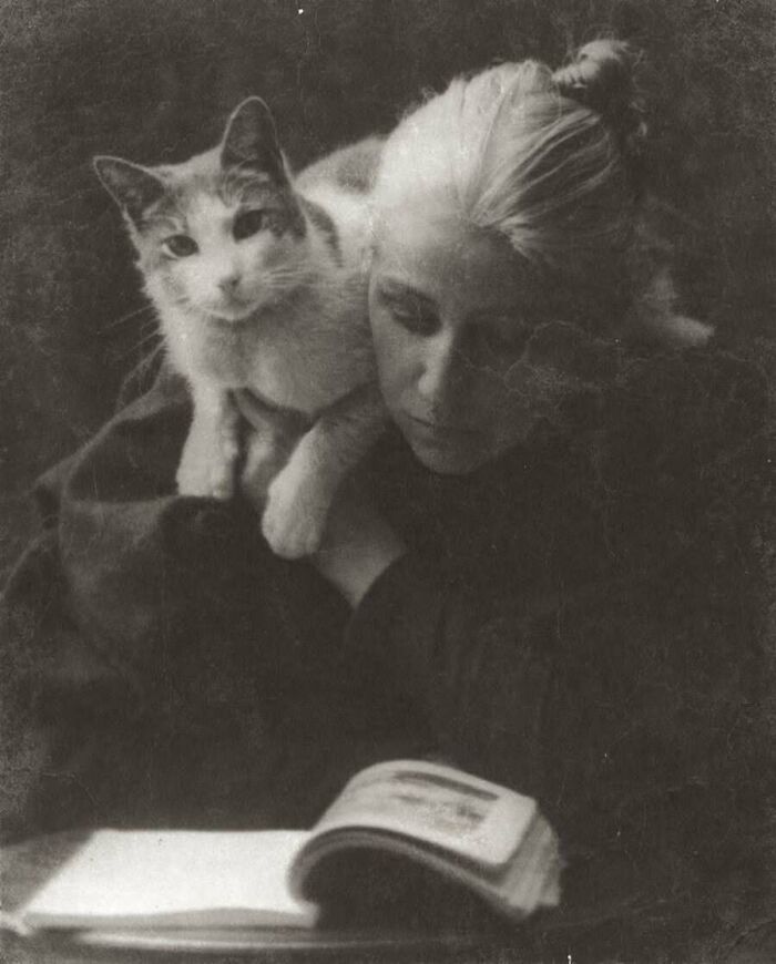 Амелия Ван Бурен читает книгу, кошка сидит у неё на плече, около 1891 года