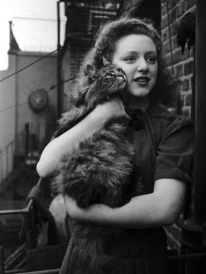 Молодая женщина с кошкой на балконе, Великобритания, 11 апреля 1942 года. Фото Хейвуда Маги