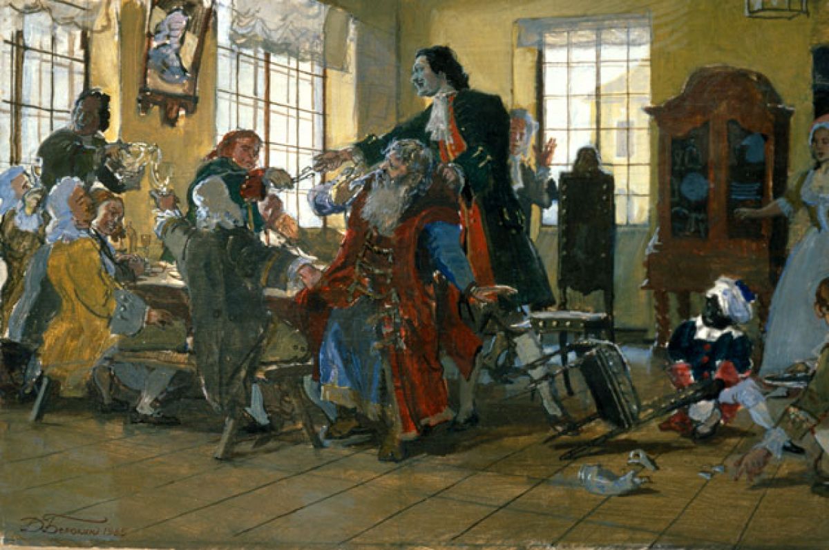 Картина Петра I, стригущего бороды боярам &mdash; сцена 1698 года