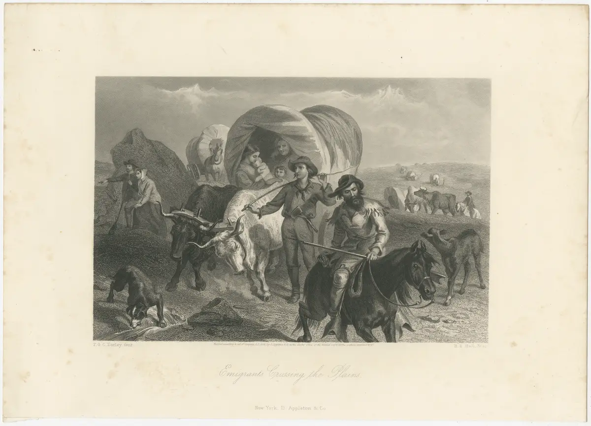 Гравюра F. O. C. Darley &laquo;Emigrants Crossing the Plains&raquo;, 1869 год &mdash; повозки переселенцев в прерии