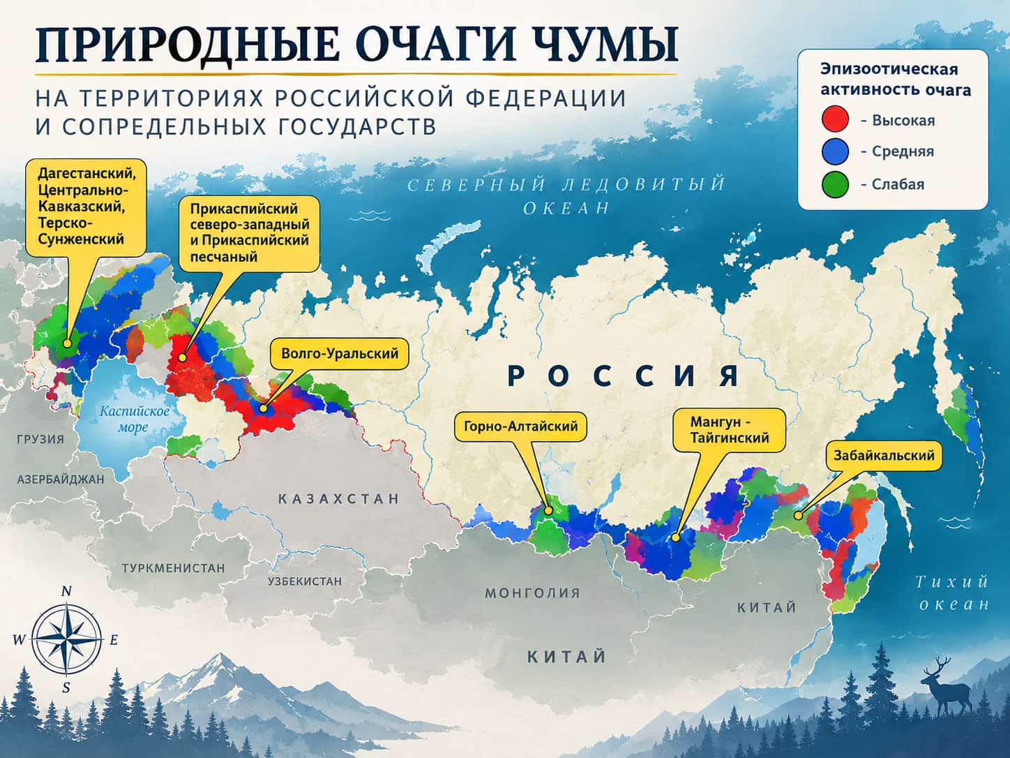 Карта природных очагов чумы на территории РФ и соседних государств