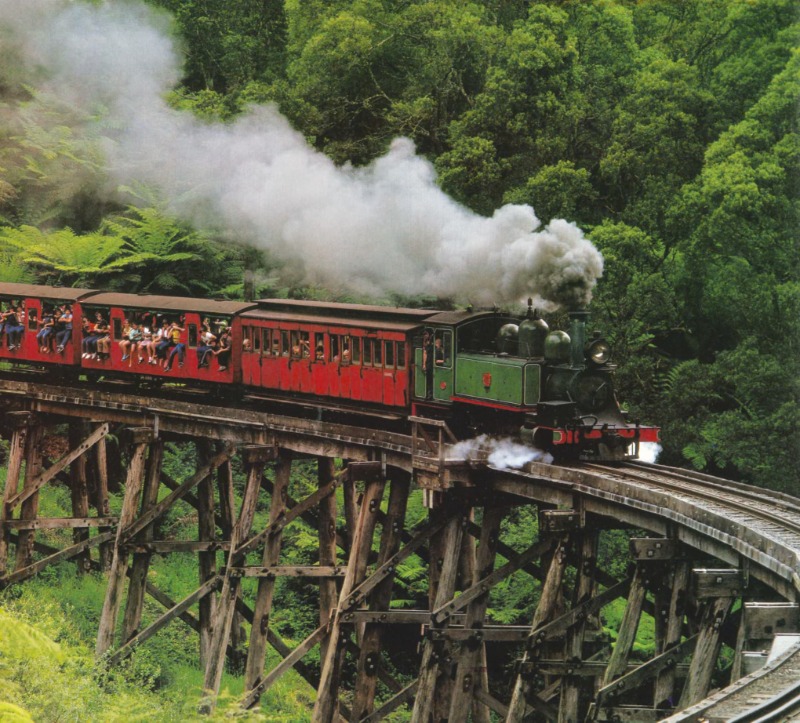 Паровоз Puffing Billy с красными вагонами на деревянном мосту через ручей Монбалк-Крик