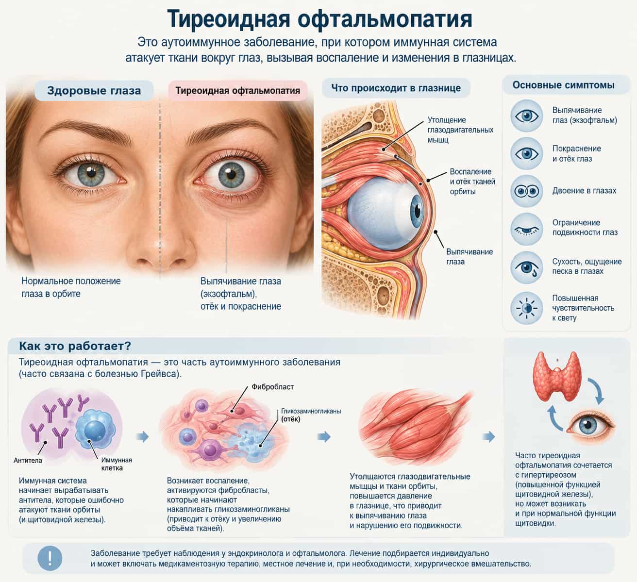 Схематичное изображение тиреоидной офтальмопатии &mdash; аутоиммунного заболевания глаз