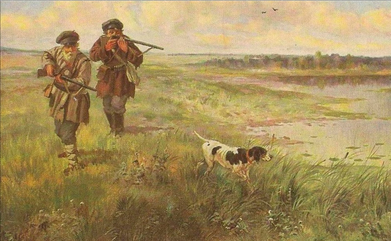 И. М. Львов. Охота на уток. Охотники на берегу реки