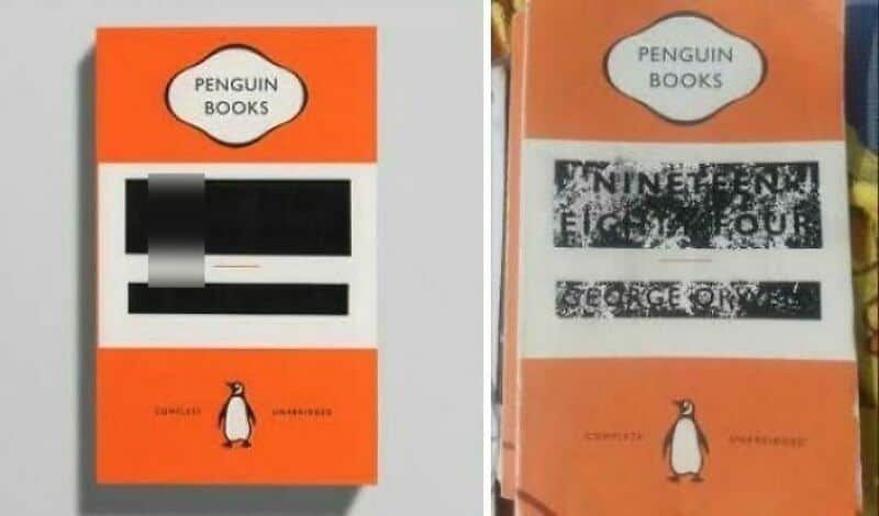 Две оранжевые книги Penguin с зачёркнутым и стёртым текстом